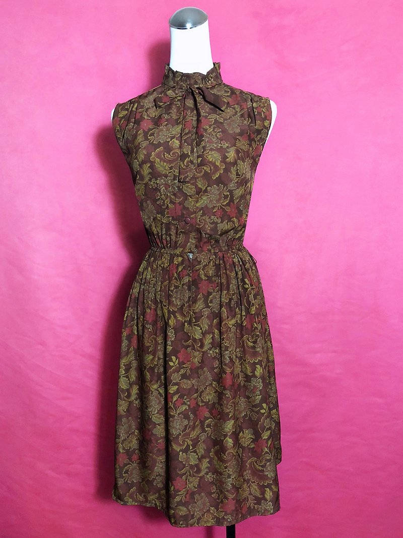 Classical flower bow tie sleeveless vintage dress / abroad brought back VINTAGE - One Piece Dresses - Polyester Brown