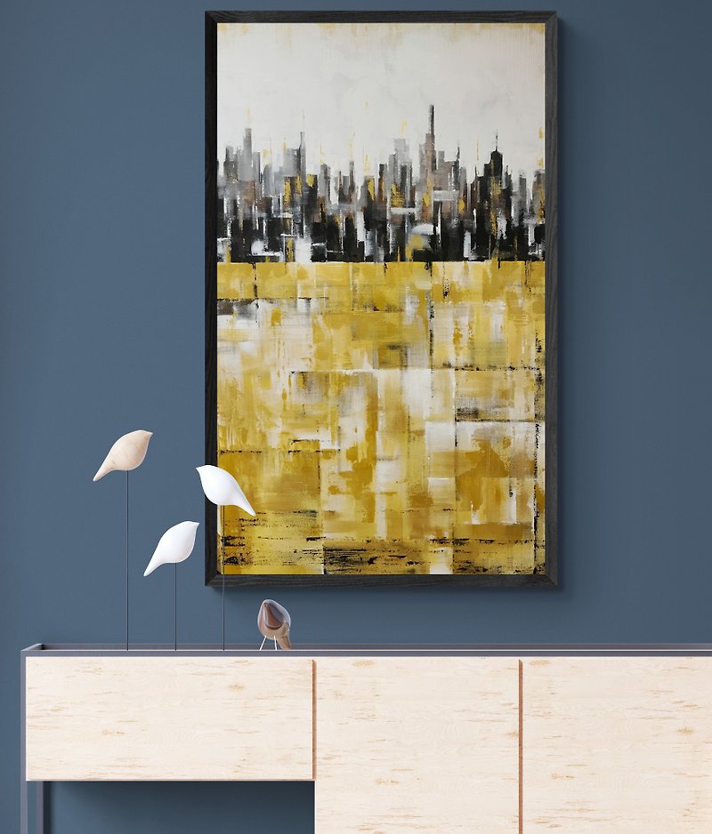 Original Canvas Cityscape Large Abstract Wall Art Textured Art for Living Room - Wall Décor - Cotton & Hemp Yellow