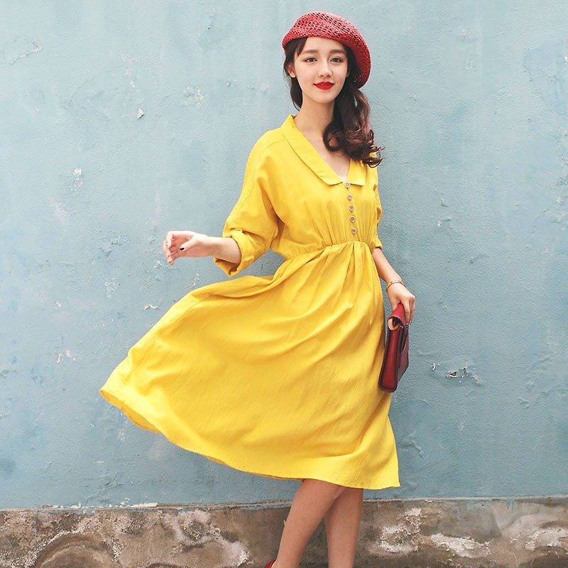 Annie Chen Fan Art waist spring women's fifth sleeve dress dress Dress - Skirts - Cotton & Hemp Yellow