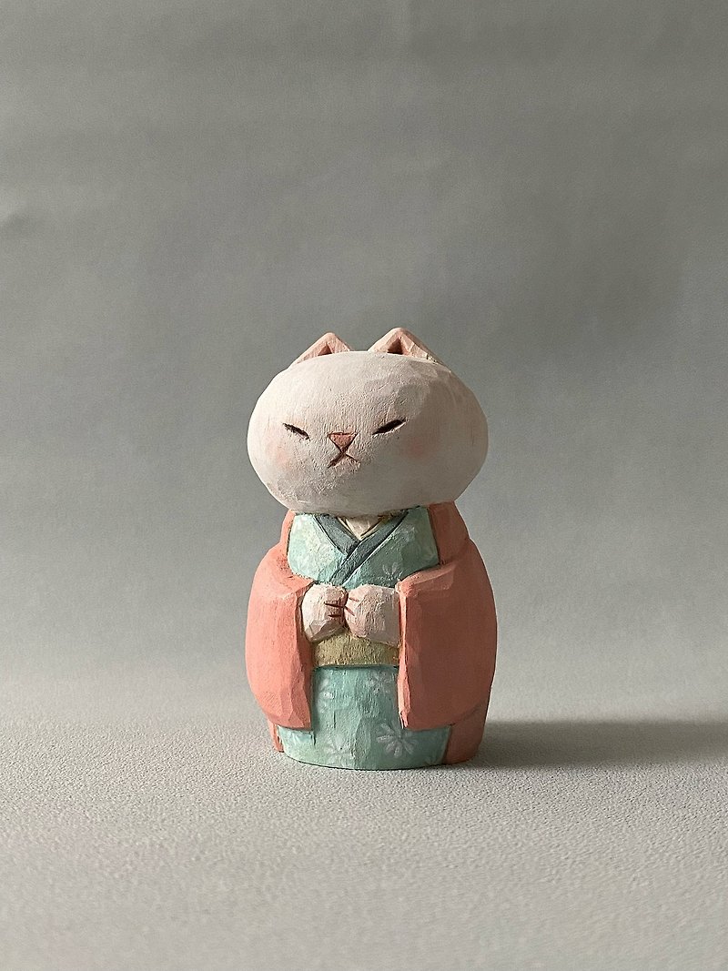 Japanese Kimono Cat Carving (Pink) - ของวางตกแต่ง - ไม้ สึชมพู