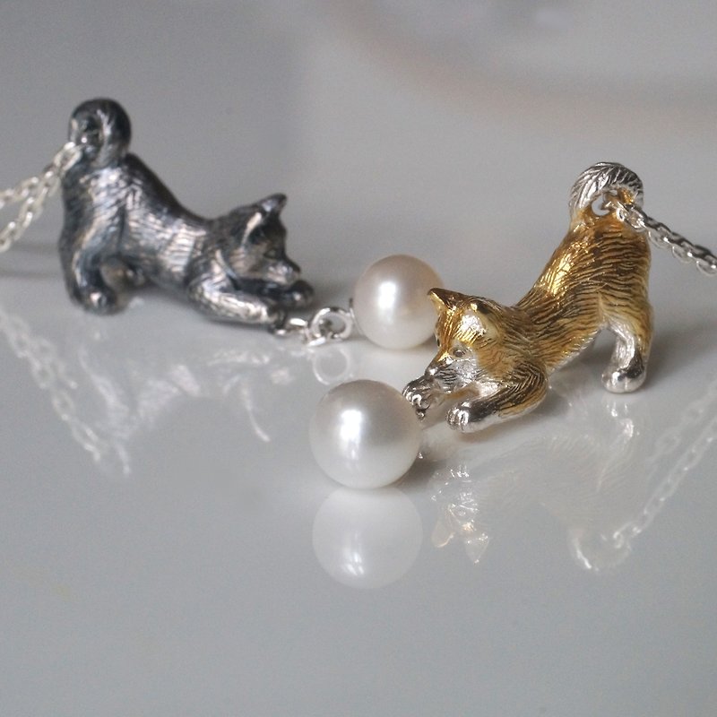 Shiba Inu pendant playing with a ball - Necklaces - Sterling Silver Gold