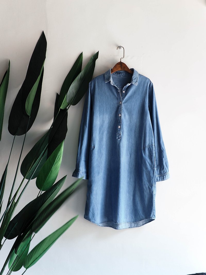 河水山- Aichi Light Blue Muji Simple Antique One-piece Denim Sling Long Skirt overalls - One Piece Dresses - Cotton & Hemp Blue