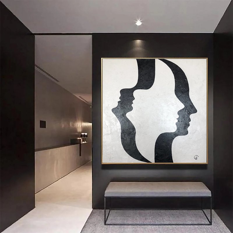 Black And White Absctract Painting On Canvas Abstract Face Wall Art - ตกแต่งผนัง - อะคริลิค ขาว