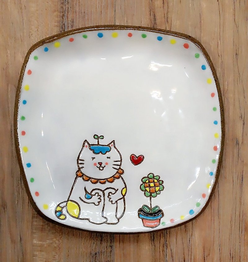 貓咪小王子─花兒開了✖造型盤 - 花瓶/花器 - 陶 