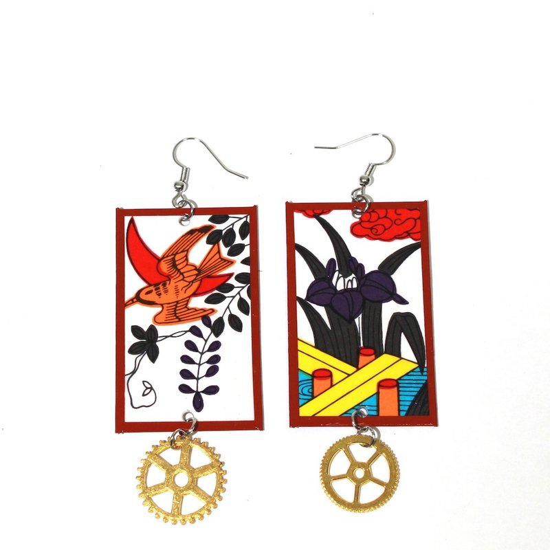 Hanafuda earrings with gears / Iris and Hototogisu - Earrings & Clip-ons - Paper Red