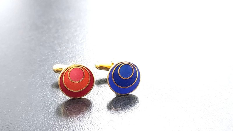 紅藍白圓形 金屬老袖扣 一對 1.6cm 老品全新 功能正常 - 袖扣 - 其他金屬 