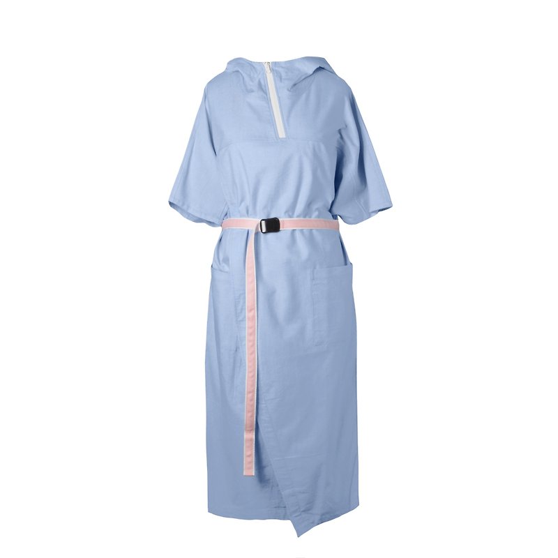 oqLiq - Project 03 - Our standard 五分袖寬鬆連帽洋裝 (淺藍) - 洋裝/連身裙 - 聚酯纖維 藍色