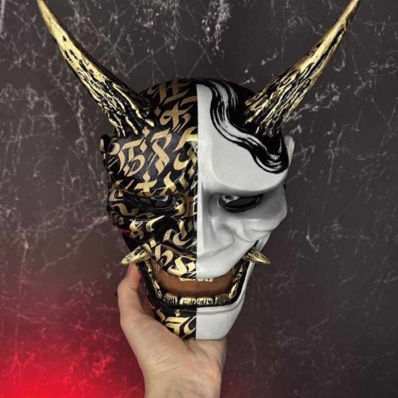 Hannya Mask - Black & White with Gold Calligraphy, Japanese Hannya Demon Mask - 口罩/口罩收納套 - 塑膠 多色