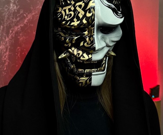 黒白の般若面 - 金の書道入り 日本の般若鬼の仮面 - ショップ