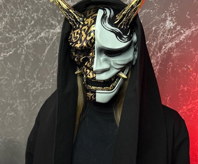 黒白の般若面 - 金の書道入り 日本の般若鬼の仮面 - ショップ