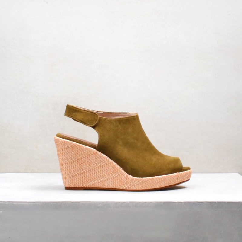 9012 魚口楔型鞋 橄欖綠 - 涼鞋 - 真皮 綠色