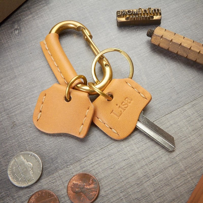 Leather Wrap Brass Carabiner Claps with 2 Key Covers - Keychains - Genuine Leather Orange