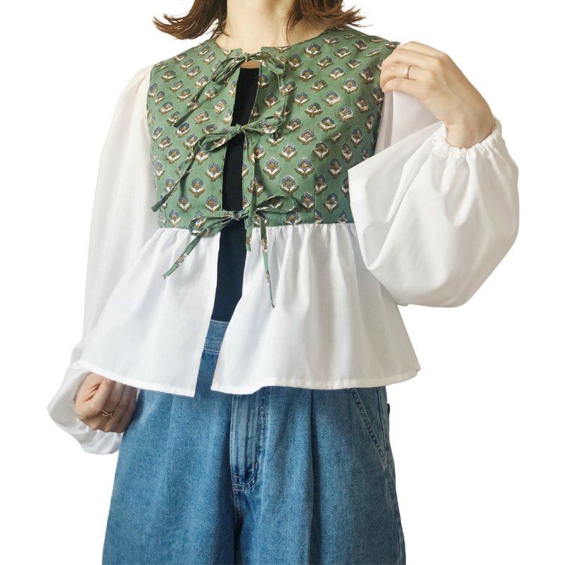 [One piece available now] Ribbon blouse with plenty of gathers and soft sleeves, made from Indian fabric - Women's Shirts - Cotton & Hemp Green