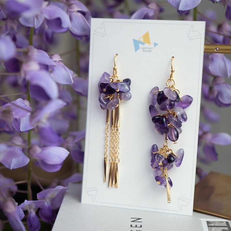 K14gf Shalala wisteria flower lover large earrings (Clip-On can be changed) - ต่างหู - หิน สีม่วง