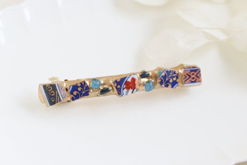 Arita ware Kintsugi barrette Blue apatite Natural stone Traditional craft Hair clip Large a28 - เครื่องประดับผม - ดินเผา สีน้ำเงิน