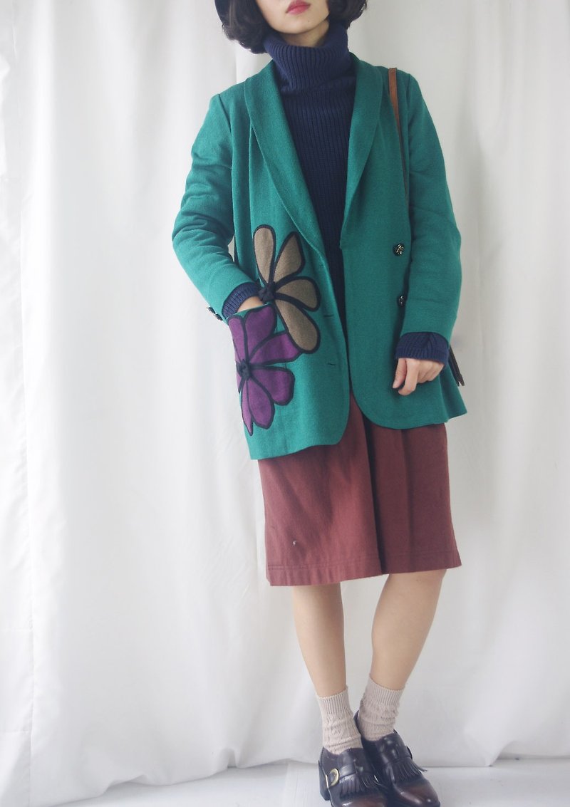 Treasure hunt vintage - gem green flowers lapel knit jacket - Women's Sweaters - Polyester Green