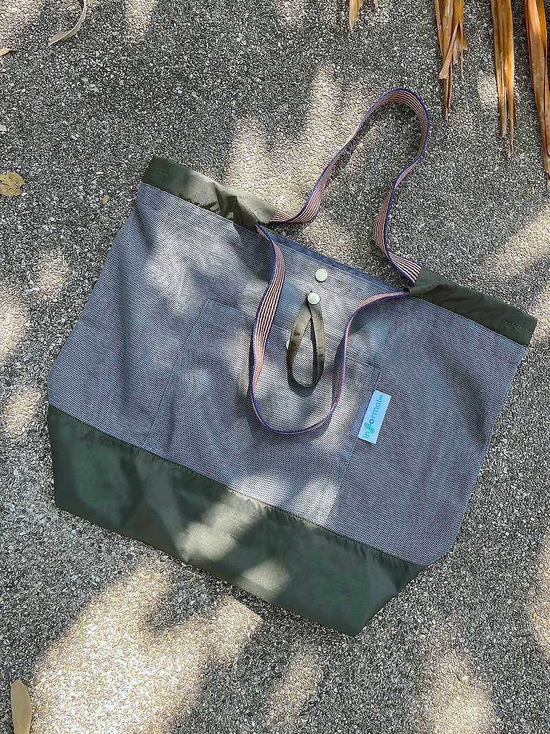 กระเป๋า Check out ตาข่ายสีเทา+เขียว - กระเป๋าถือ - ไนลอน 