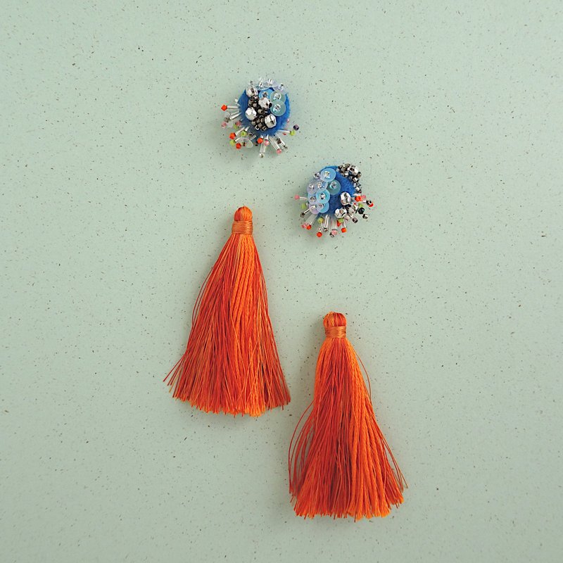 Silk and cotton tassel  with wool and bead embroidery Choice of hardware - Earrings & Clip-ons - Thread Orange