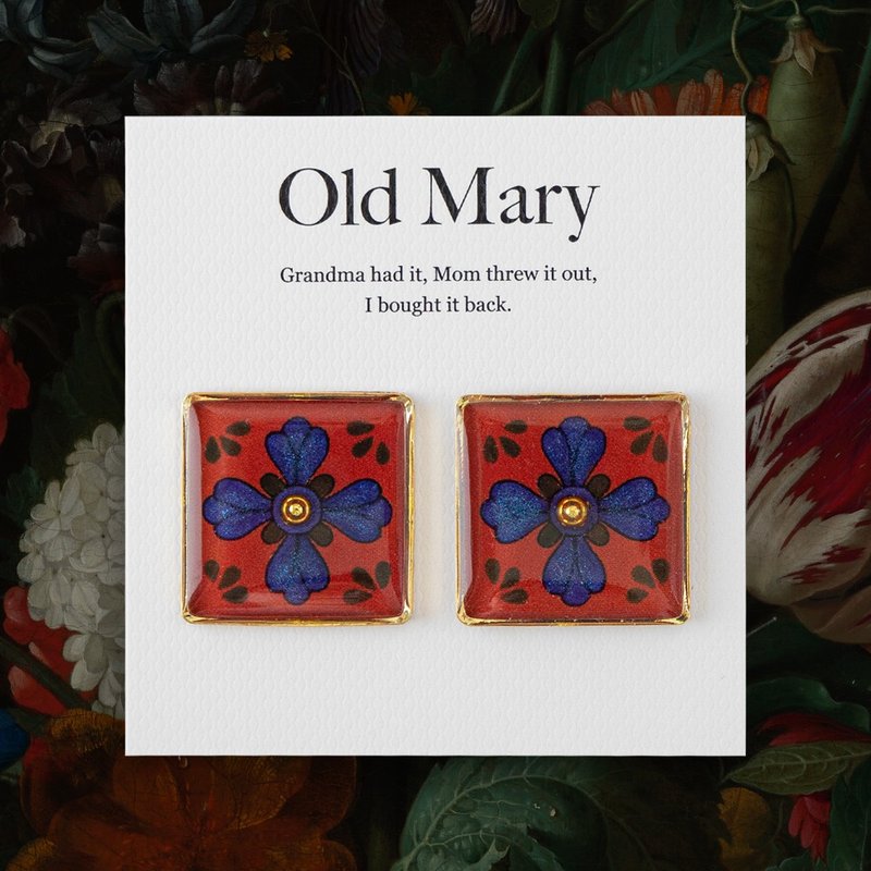 Earrings | Royal Yellow Talavera vintage red tiles | 925 sterling silver anti-allergic - ต่างหู - เรซิน สีแดง