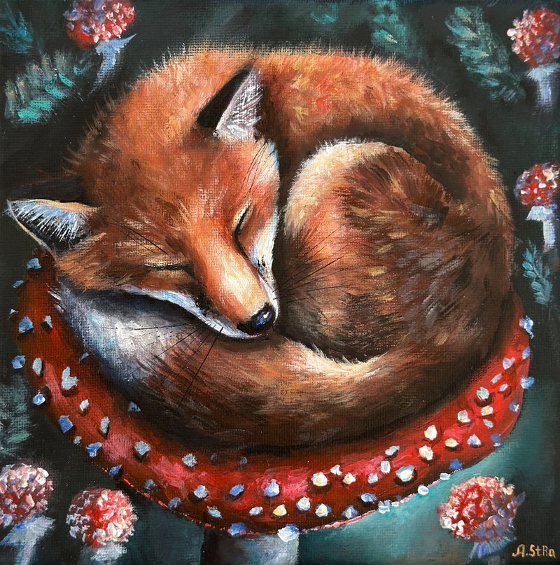 Sleeping ox original painting, Fox wall art, Nursery room decor, Animal hanging - 壁貼/牆壁裝飾 - 棉．麻 多色