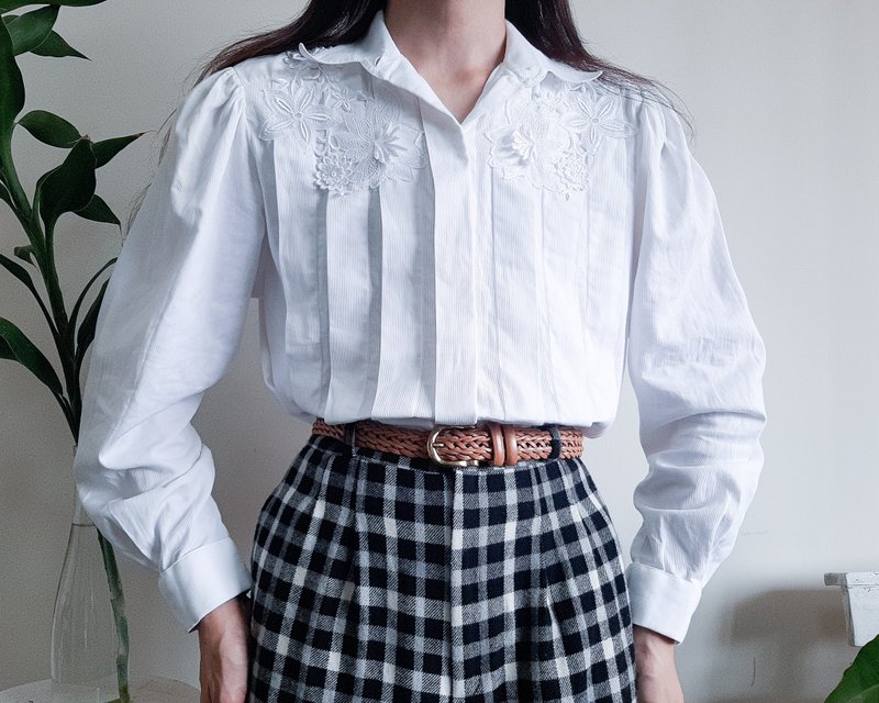 NARA CAMICEE Vintage White Cotton Shirt Puff Sleeve Shirt Made in Italy Size M - เสื้อผู้หญิง - ผ้าฝ้าย/ผ้าลินิน ขาว