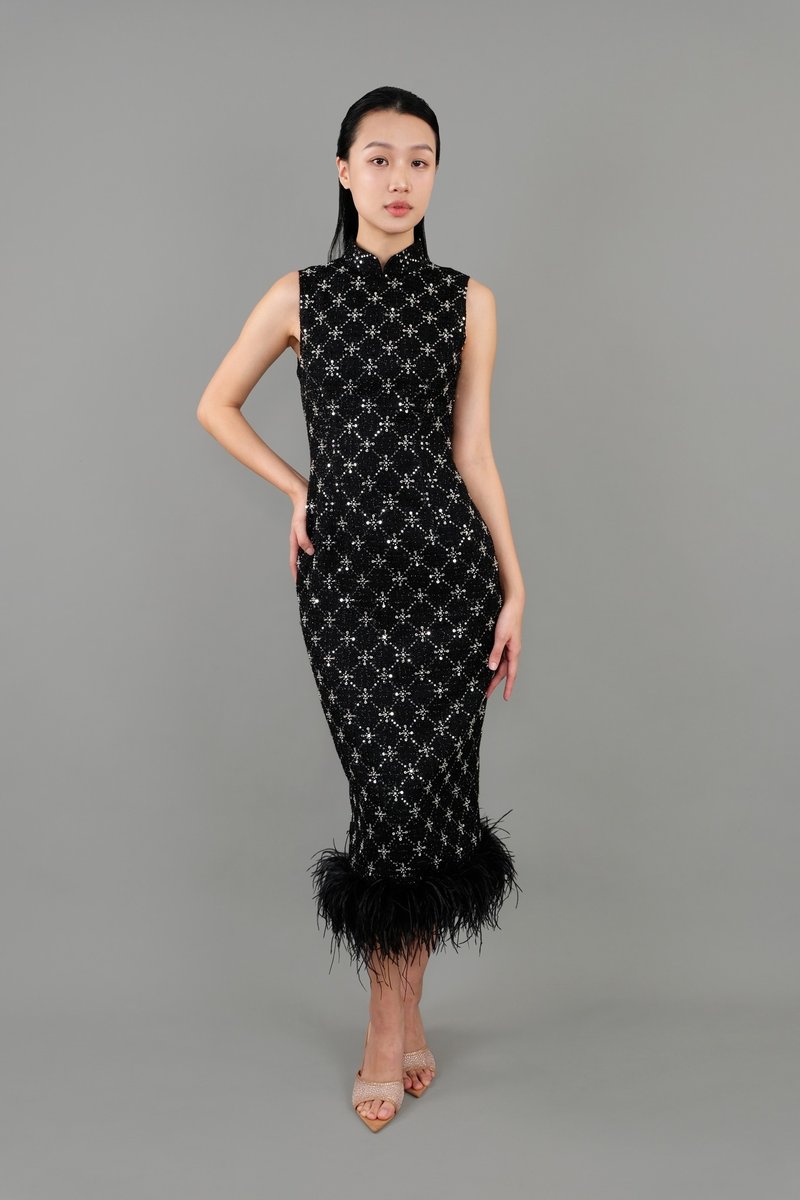 Viola ノースリーブ刺繍ツイードフェザーチャイナドレス (ブラック) | イブニングドレス | フォーマルドレス | 香港デザイン - チャイナドレス - その他の素材 ブラック