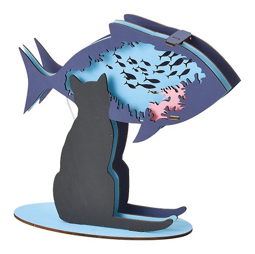 QUA Joy & Design SETO CRAFT 3D 木製 DIY 貓形氛圍小夜燈 - 貓與魚
