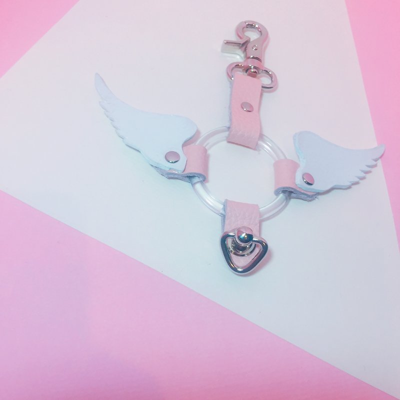 粉紅天使翅膀皮革圈圈吊飾 - 鑰匙圈/鑰匙包 - 真皮 粉紅色
