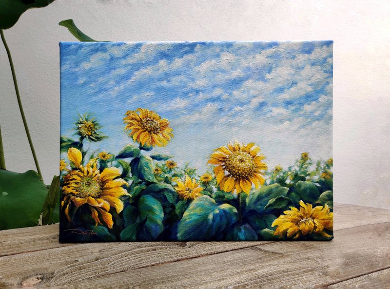 【Sunflowers】Original Oil Painting on Canvas. Golden Shine Summer Flower Field. - โปสเตอร์ - ผ้าฝ้าย/ผ้าลินิน 