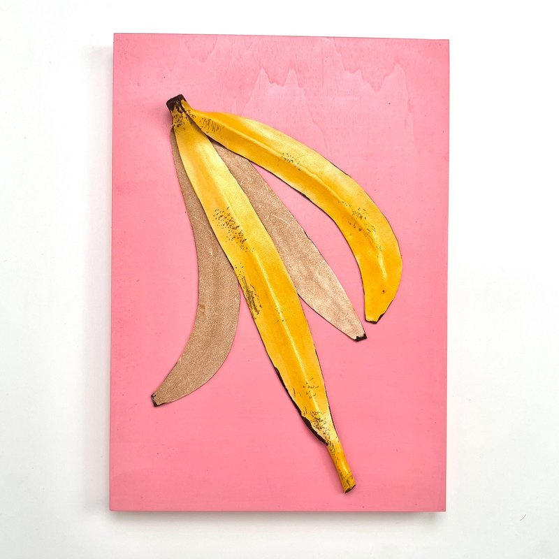 Banana art panel made of leather / Pink / Leather A4 size Wooden panel One-of-a-kind - โปสเตอร์ - ไม้ สึชมพู