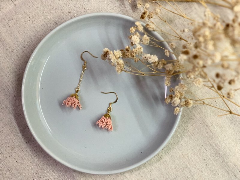 Handmade woven earrings / draped flower asymmetrical earrings - Earrings & Clip-ons - Cotton & Hemp Pink