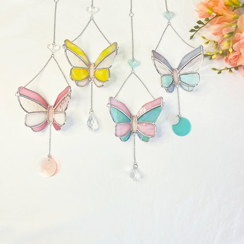 Marchen Glass Butterfly Suncatcher 4color, Stained glass Mobile, Handmade hanging glass art