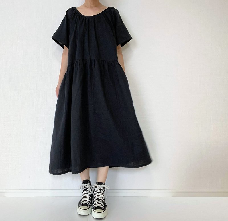 black　one-piece dress　 short  sleeve　raglan　cotton　Double gauze - One Piece Dresses - Cotton & Hemp Black