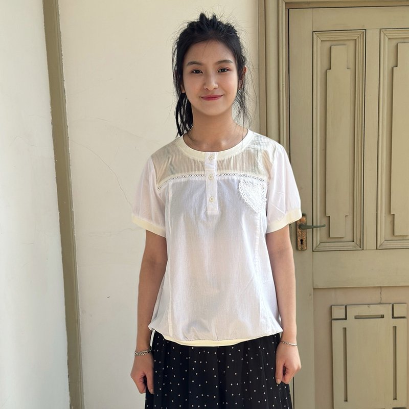 Hana Mokuba 圓領拼接泡袖收口上衣 - 女上衣/長袖上衣 - 其他材質 
