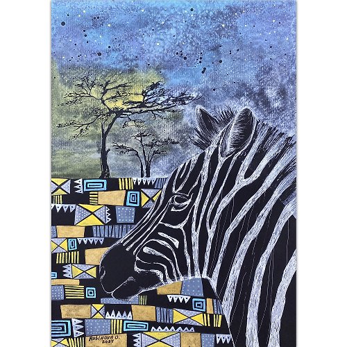 Rubinova Art Zebra painting African art Original watercolor Animal wall decor Black paper art
