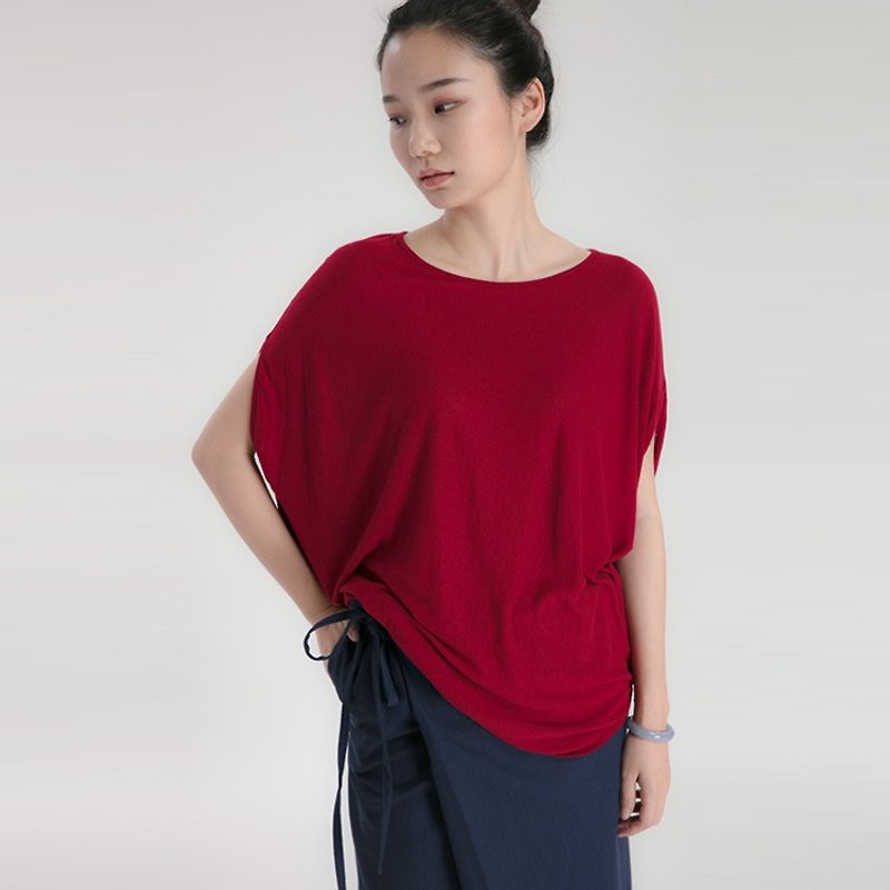 BUFU oversized round linen tee CS170214 - เสื้อผู้หญิง - ผ้าฝ้าย/ผ้าลินิน สีแดง