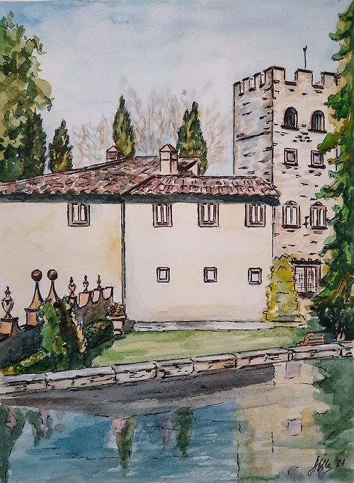 AsheArt Original Watercolor painting Landscape Old castle Italy painting House painting