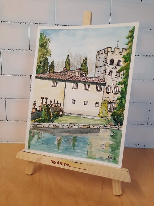 オリジナルの水彩画風景古城イタリア絵画家の絵画