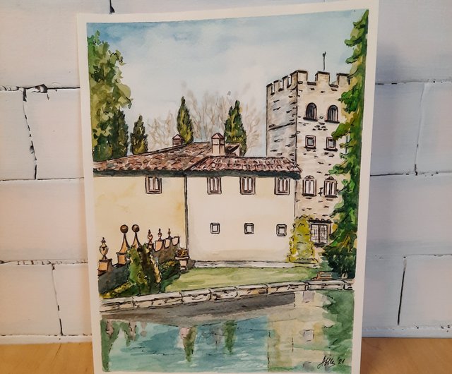 オリジナルの水彩画風景古城イタリア絵画家の絵画 - ショップ AsheArt