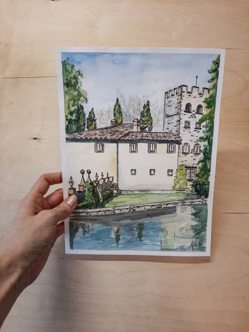 オリジナルの水彩画風景古城イタリア絵画家の絵画 - ショップ AsheArt 