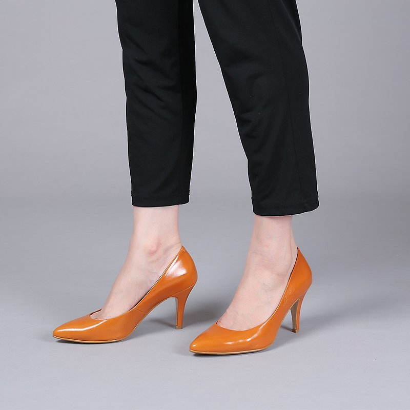 [Sum of Fashion] Slightly open-toed sexy pointed-toe silent stilettos_toffee camel - รองเท้าส้นสูง - หนังแท้ สีส้ม