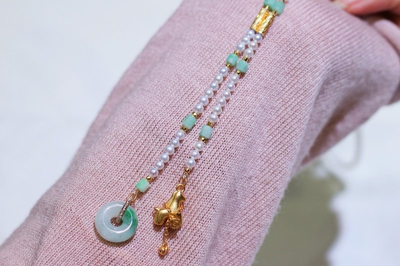 天然淡水珍珠項鏈毛衣鏈搭配A貨翡翠平安扣馬上有錢吊墜 平安喜樂 - 手鍊/手環 - 玉石 