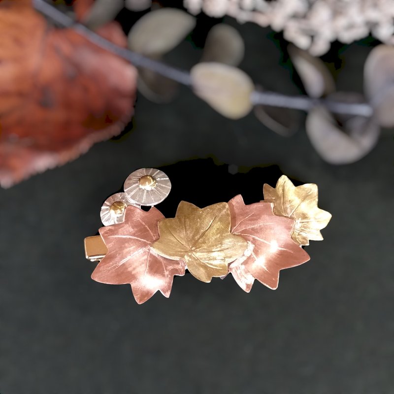 Brass and Silver autumn leaves and chrysanthemum hair clip - เครื่องประดับผม - ทองแดงทองเหลือง สีแดง