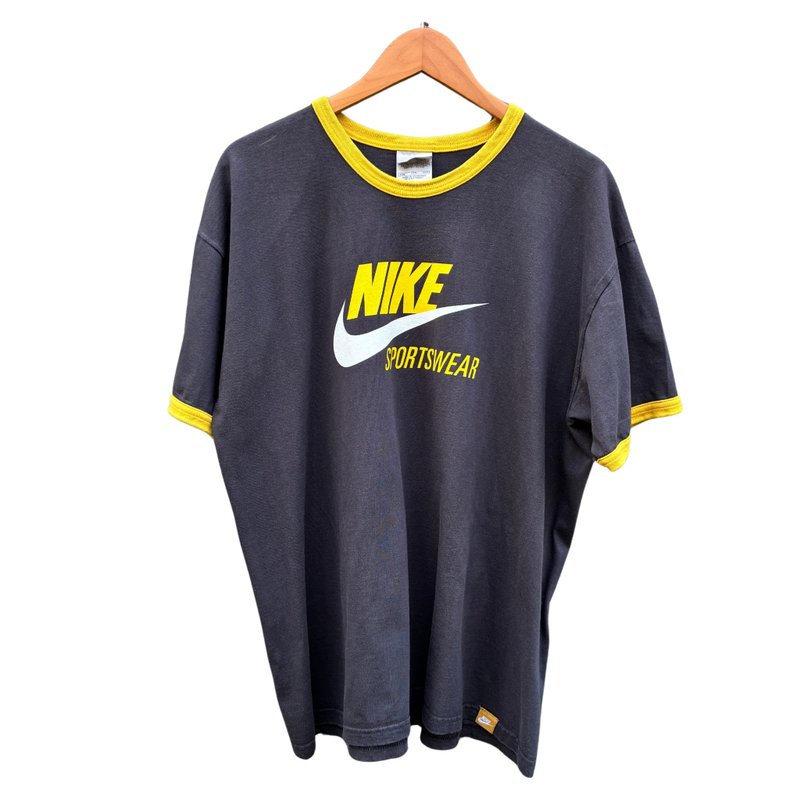 Vintage y2k Nike Spell Out Retro Swoosh Ringer Tee - 男 T 恤 - 棉．麻 黑色