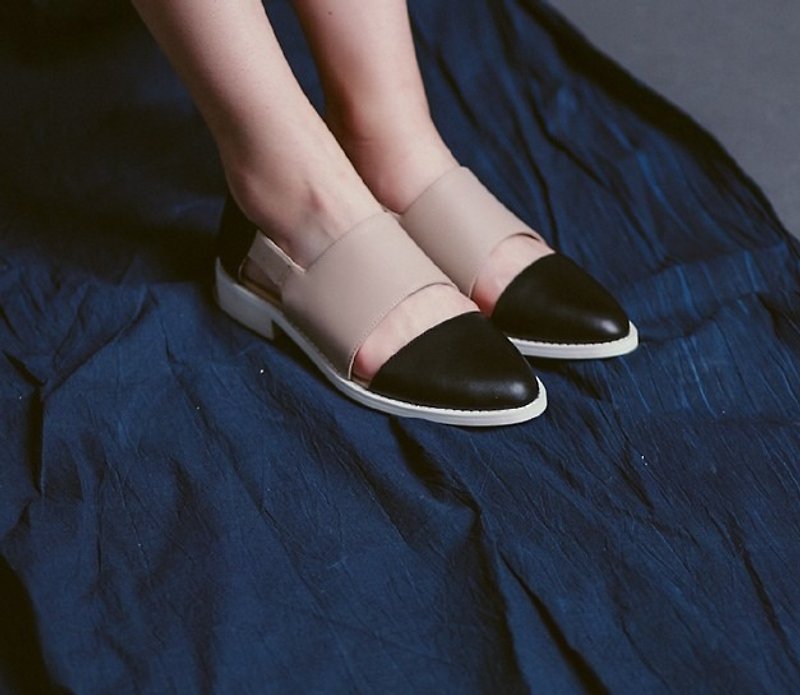Banded bandage basket empty structure minimalist color leather shoes black apricot - รองเท้ารัดส้น - หนังแท้ สีดำ