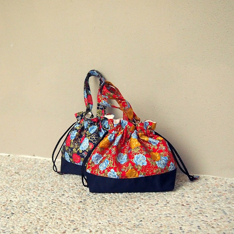 Hand-made Japanese-style portable drawstring pocket-rose - Handbags & Totes - Cotton & Hemp Blue