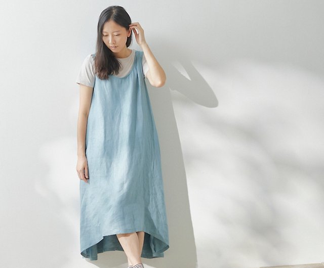 Senzhihai] Mori linen large round neck dress with short front and long back  - sea blue/color can be customized - Shop wearingfs One Piece Dresses -  Pinkoi
