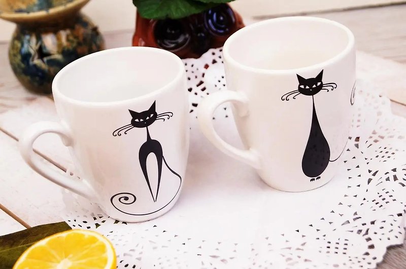 Ceramic travel mugs set, Double Layer mug, Mug with lid ceramic, Cat cup - แก้วมัค/แก้วกาแฟ - ดินเผา 
