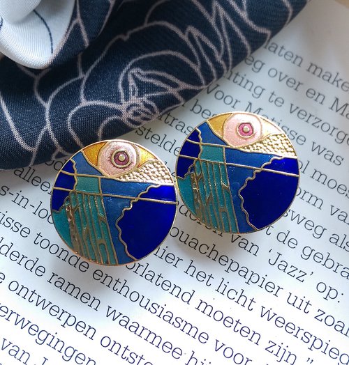 老時光角落 Vintage Jewelry 西洋古董飾品 景泰藍 藍色調 浮生意象 夾式耳環