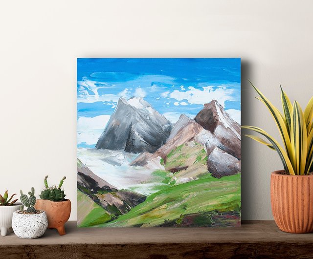 抽象的なオリジナルの山の絵画、青、緑、ブラウン、白の色 - ショップ
